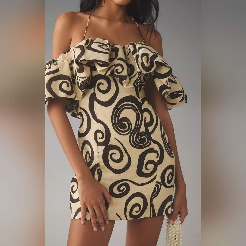 The Wolf Gang Mirador Linen Mini Dress, Vintage Black & Ivory Pattern, XS
